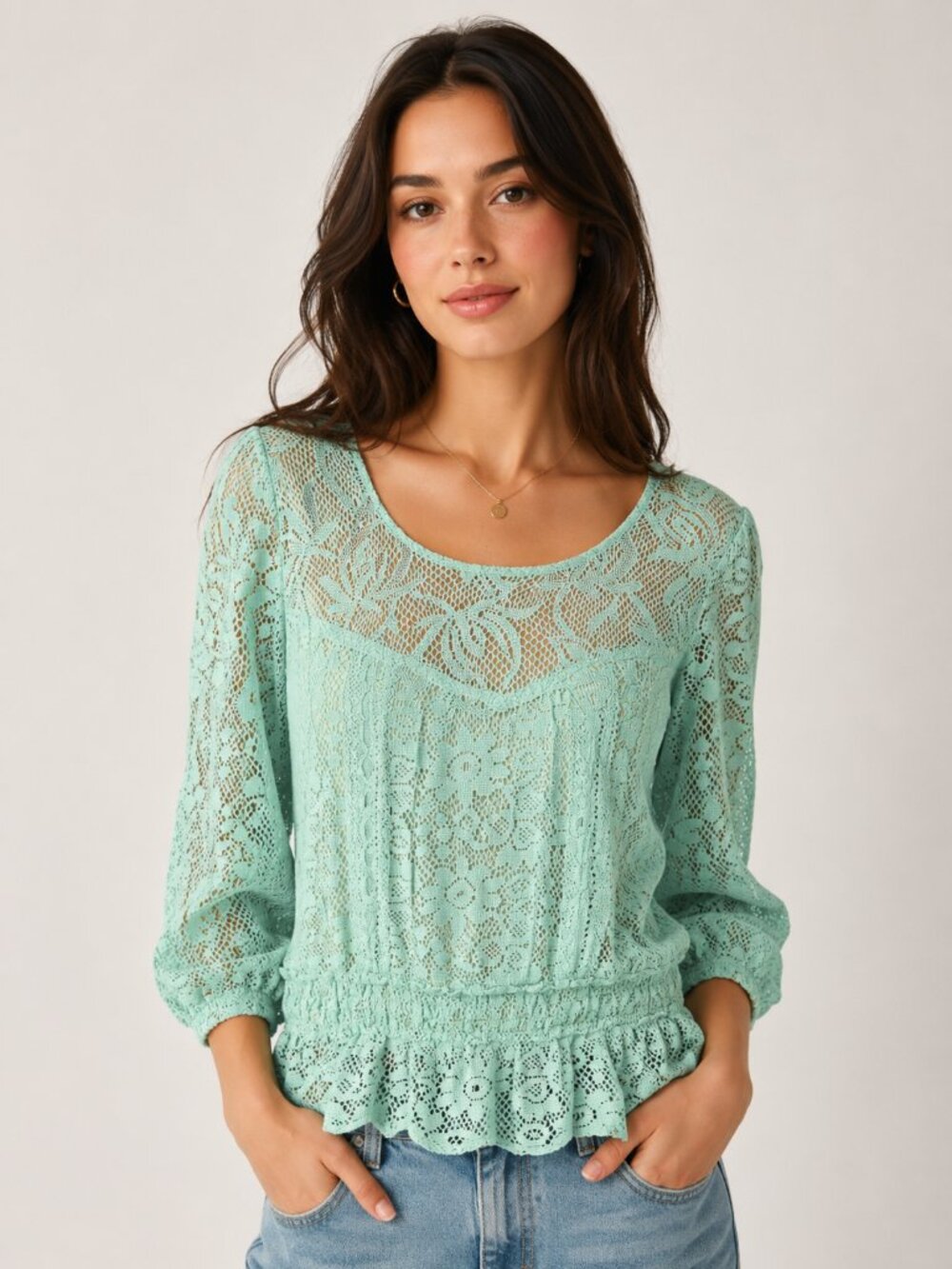Nine West Vintage America Mint Green Crochet Lace Blouse